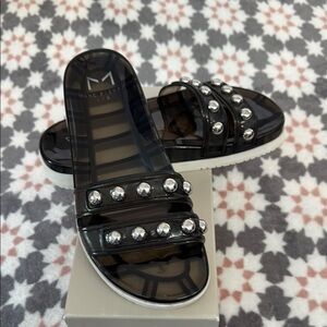 Marc Fisher Trent Black and Silver Studded Slide Sandals